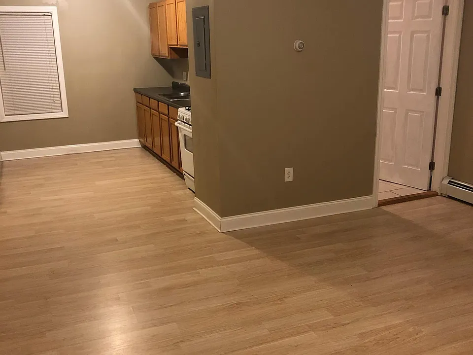 Living Room looking into kitchen. Door on right leads to bathroom.