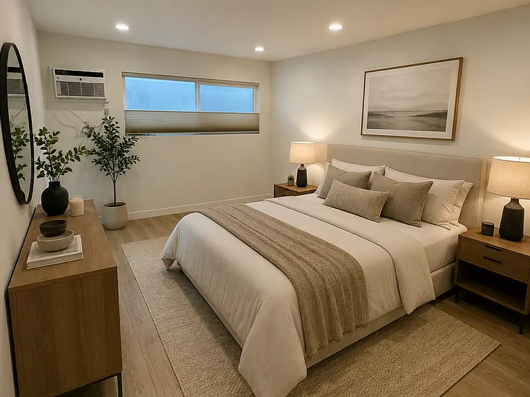 Large primary bedroom. Nicely accommodates a king size bed, armoire, love seat and side tables.