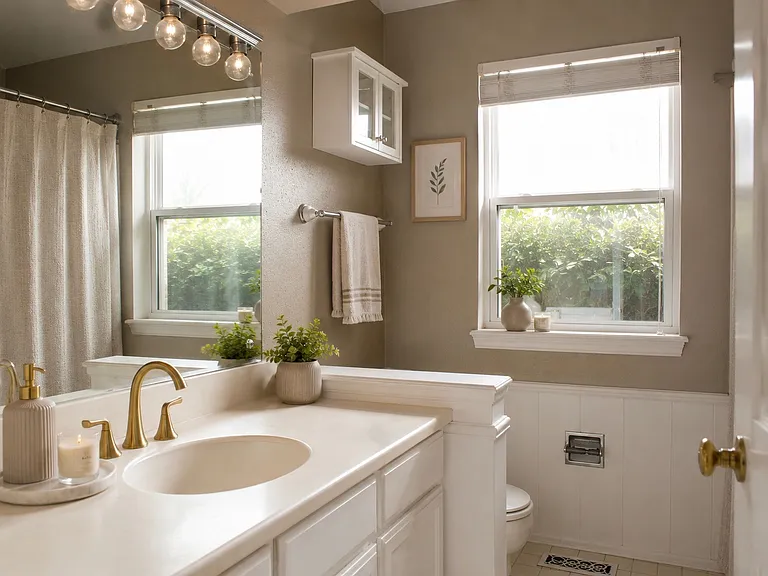 Full bath - vanity with three storage drawers and cabinets.