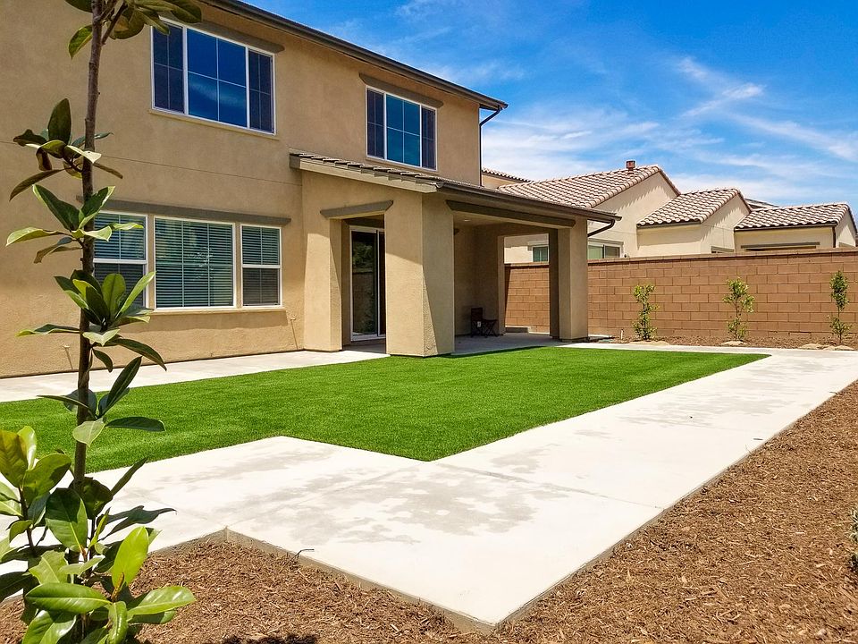 Low maintenance backyard with covered patio, and artificial grass.