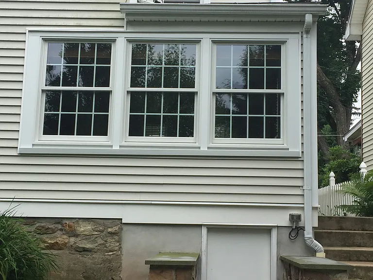 Back of house showing windows from the kitchen, basement walkout and side walkway.