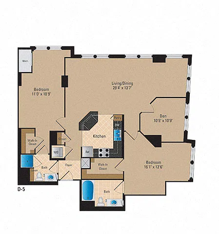 Floor plan 2 Bedroom + Den, 2 Bath 1417 SF BD8