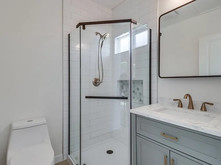 Full size bathroom with lots of storage in medicine cabinet and in the cabinet below