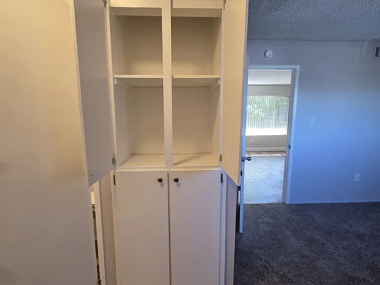 inside of vanity cabinet. Shelves on bottom as well