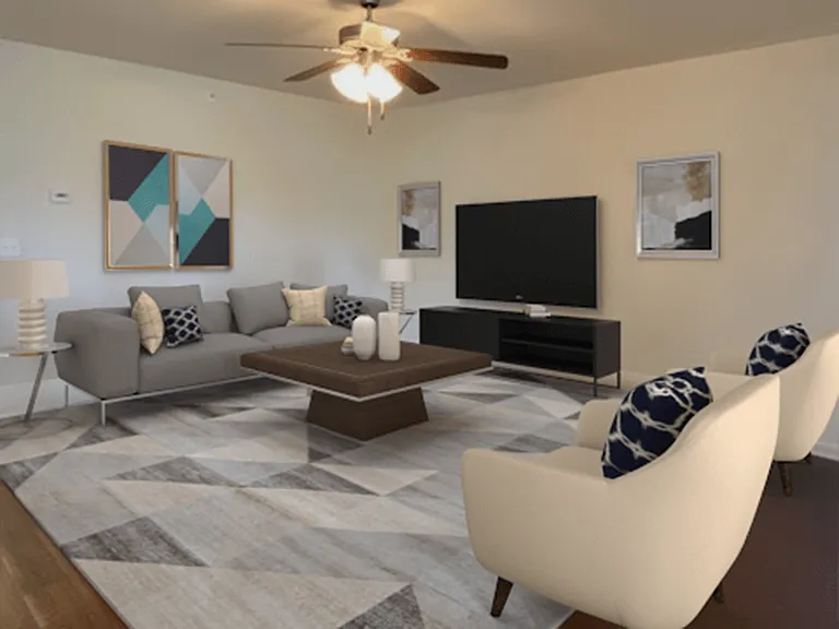 Living Room With Overhead Light and Fan