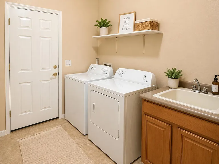 Dedicated laundry room with full-size washer and dryer, utility sink, and wall shelving for supplies and storage.
