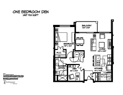 Floor plan Building B - One Bed + Den H