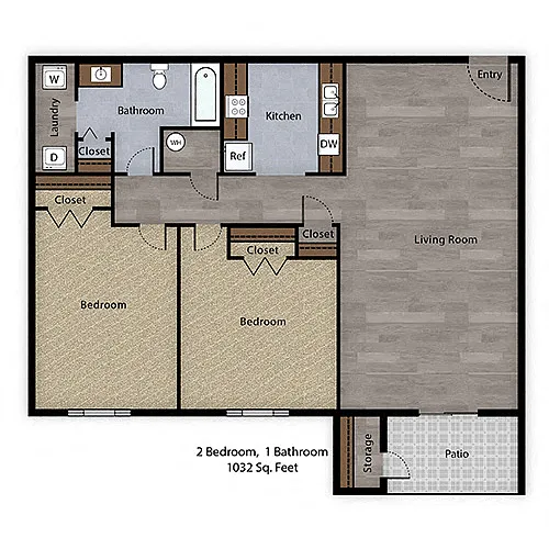Floor plan 2 Bedroom, 1 Bathroom - 1032 SF