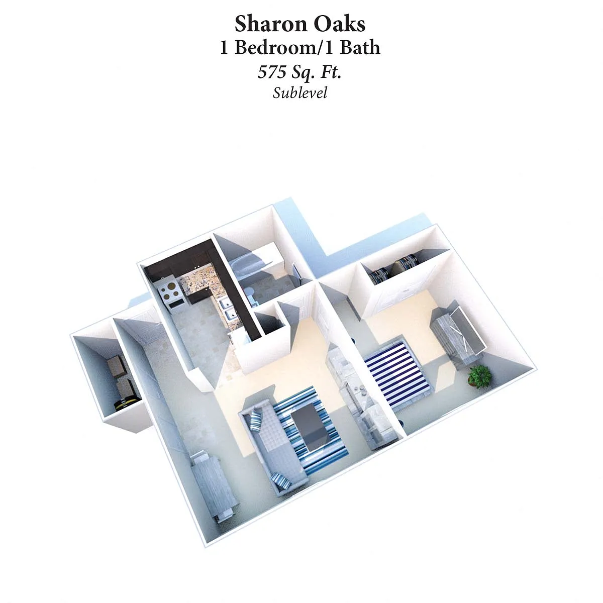 Floor plan 1B/1B Sharon Oaks 575 SqFt