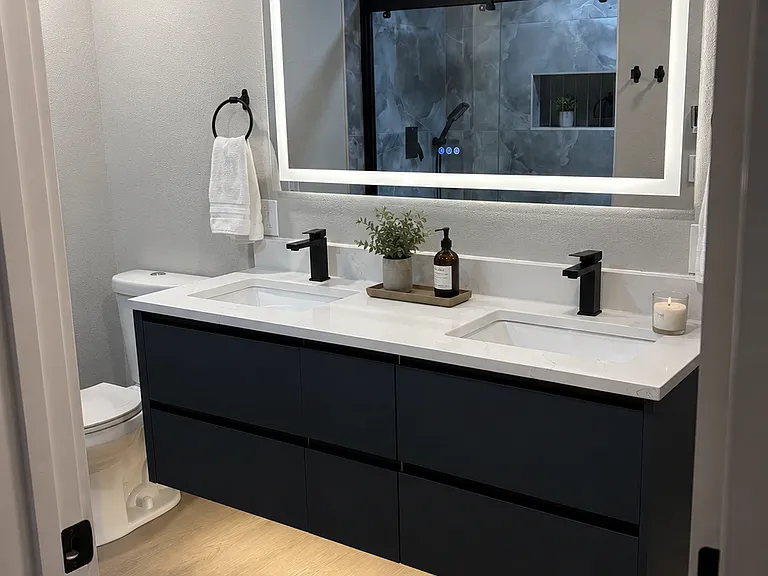 Heated floors in bath, storage closet and large walk in shower.
