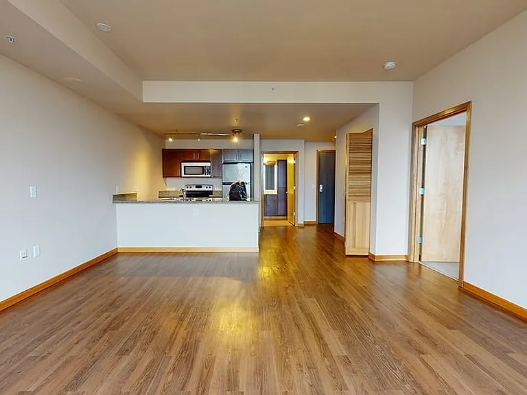 Apartment kitchen with stainless steel appliances, granite countertops and wood-style flooring.