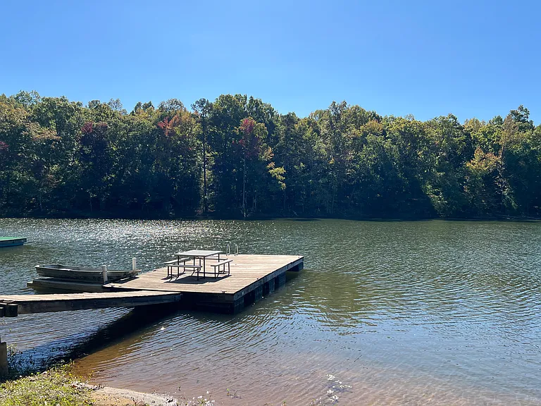 View from the shore overlooking the private dock. Can easily walk into the lake from the shore. Across the lake is the undisturbed shoreline of Latta Plantation Nature Preserve, including miles of hiking trails.