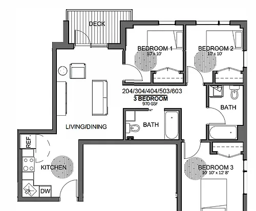 Floor plan 3 Bedroom 2 Bathroom - 204 304 404 503 603