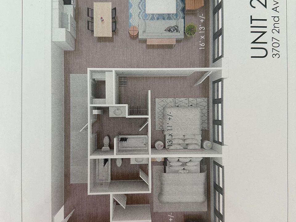Floorplan- 2 Bedroom, 2 bath unit with open kitchen/living area.