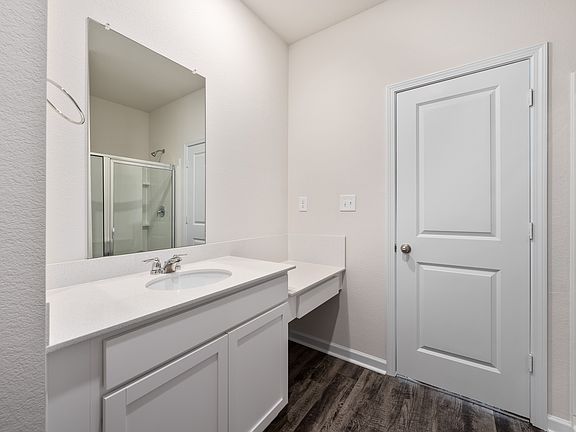 The built-in vanity is a great space to get ready in the mornings