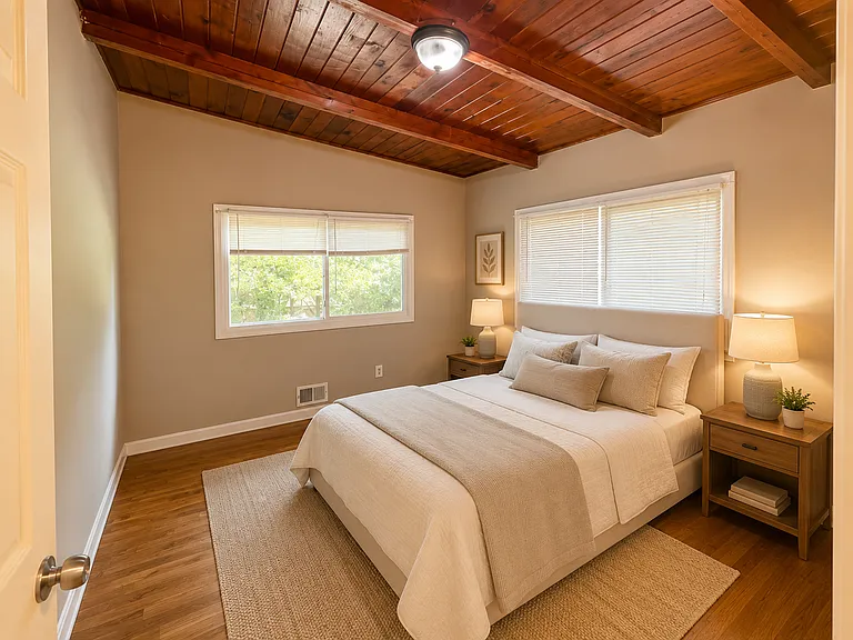 Virtually staged to illustrate furniture placement; furnishings are not included. Features wood flooring, paneled walls and windows on two sides.