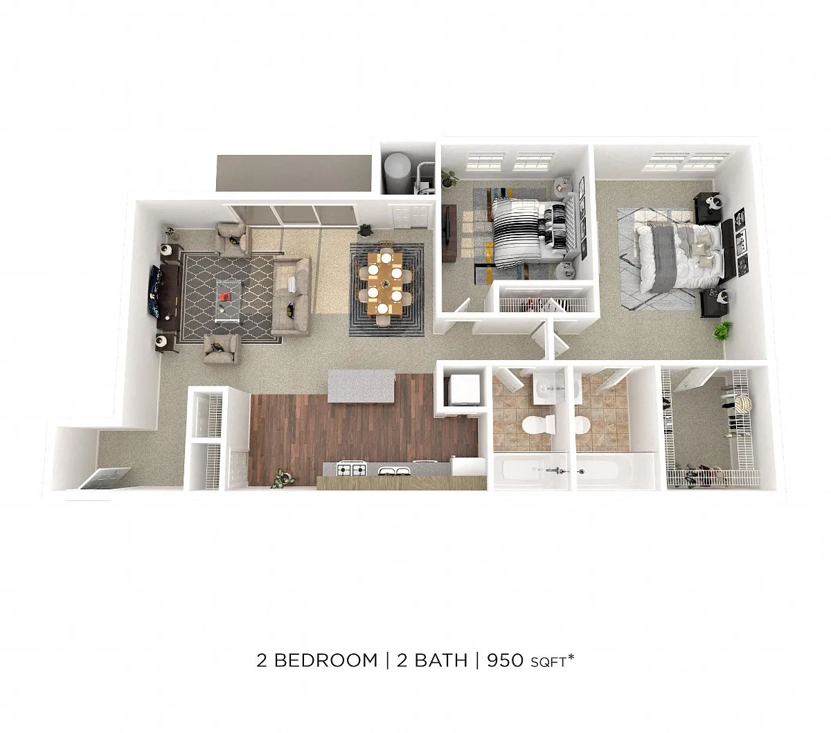 Floor plan Two Bedroom 2 Bath - 950 sqft