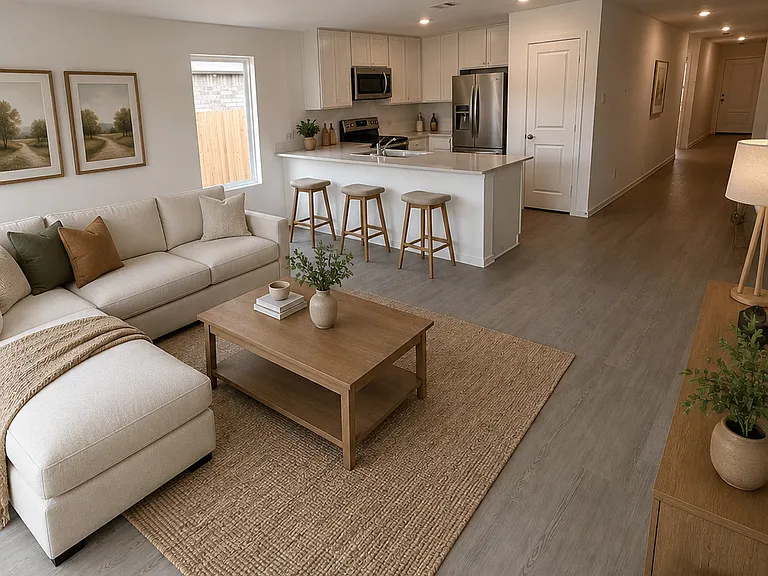 Open-concept kitchen seamlessly connected to the dining and living room. Refrigerator, Stove, Microwave, and Dishwasher included.