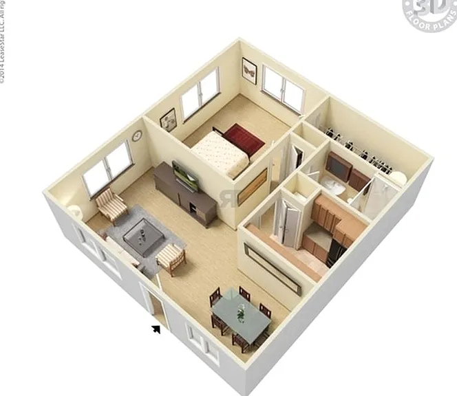 3D floor plan showcasing 1 bedroom, cozy living area, and modern kitchen with dining space. 3D floor plan showcasing 1 bedroom, cozy living area, and modern kitchen with dining space.