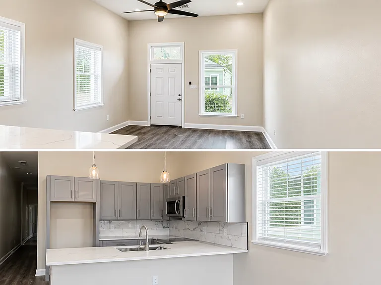 Open Living Room and Kitchen. Kitchen comes fully loaded with Fridge, stove/ oven combo with air fryer features and over the stove microwave.