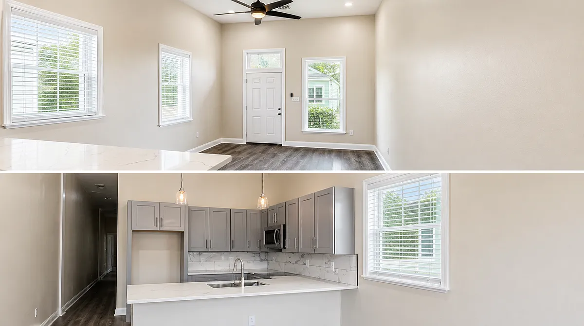 Open Living Room and Kitchen. Kitchen comes fully loaded with Fridge, stove/ oven combo with air fryer features and over the stove microwave. - 1418 Arts St