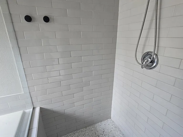 Master bath shower with new subway tile and frameless shower doors.