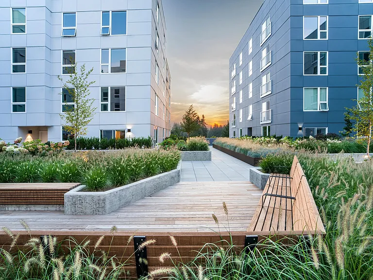 Unwind in Modera Shoreline's courtyard, where greenery and open-air seating create the perfect backdrop for peaceful evenings near the Sound.
