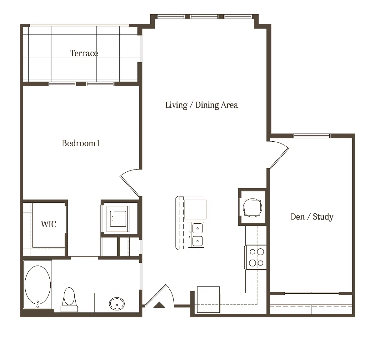 Floor plan AD - 1BR 1BA (900 SF)
