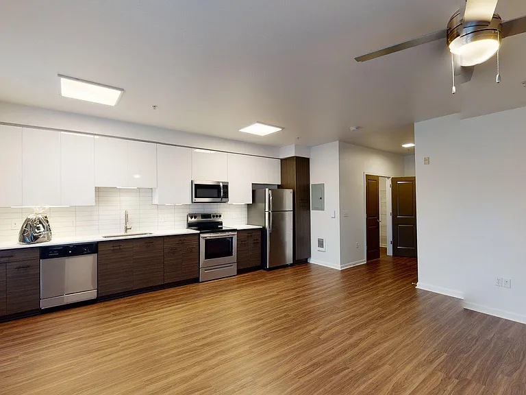 Apartment Kitchen with Stainless Steel Appliances, Dining and Living Room with Wood Style Flooring and Patio/Balcony.