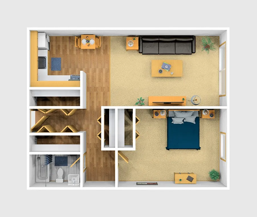 One Bedroom Furnished 3D View One Bedroom Furnished 3D View - 1215 S Allen St