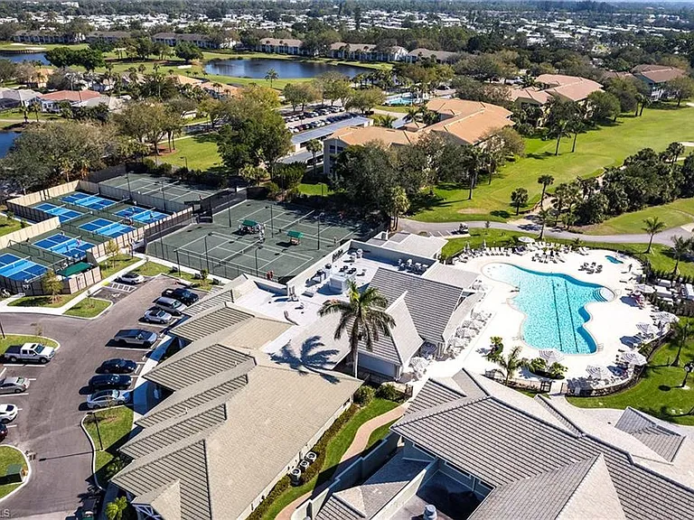 Aerial view of new amenties - pickleball courts, new pool and cabana, new tennis courts