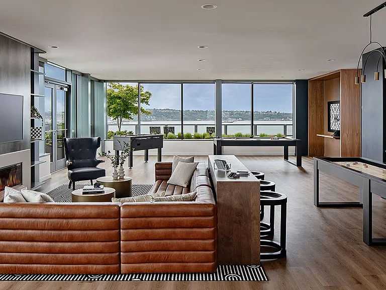 Apartment community Entertainment Lounge at Griffis Seattle Waterfront in Seattle, Washington.