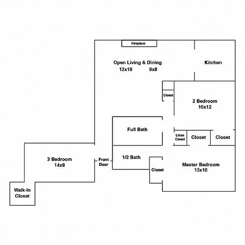 Floor plan 3 Bedroom 1.5 Bath (3aS)