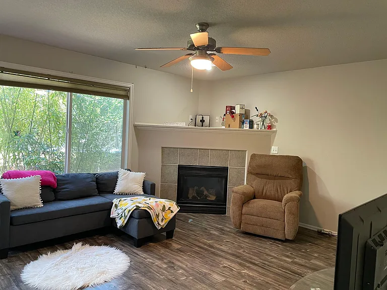Living room with Gas fire place.
Bamboo tree covers living room for privacy from neighbors.