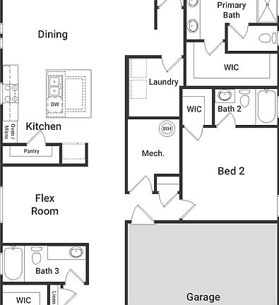 A view of the Dawn floorplan, 2 car garage and living area of the Dawn floorplan