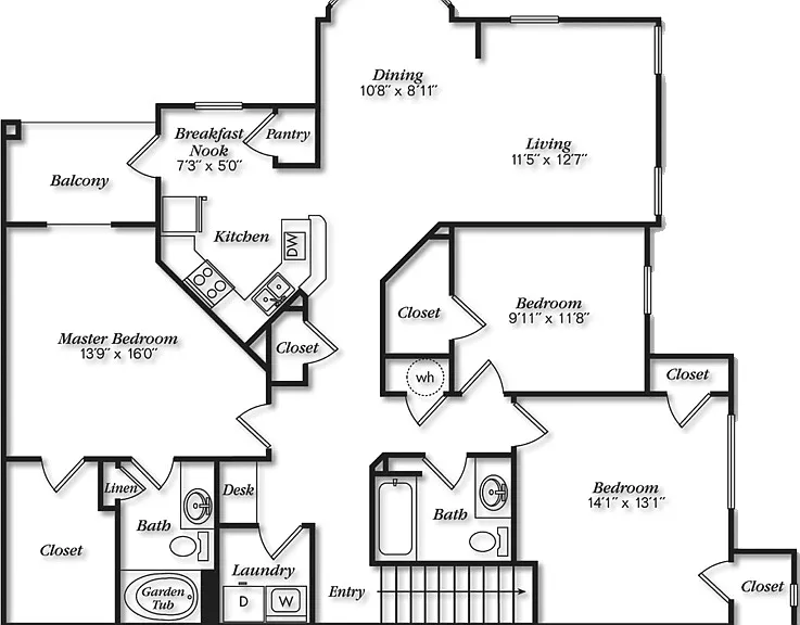 Elegant floor plan showcasing 3 spacious bedrooms, open dining area, and a cozy living room. Features include a modern kitchen with a breakfast nook, laundry room, and a charming balcony. Elegant floor plan showcasing 3 spacious bedrooms, open dining area