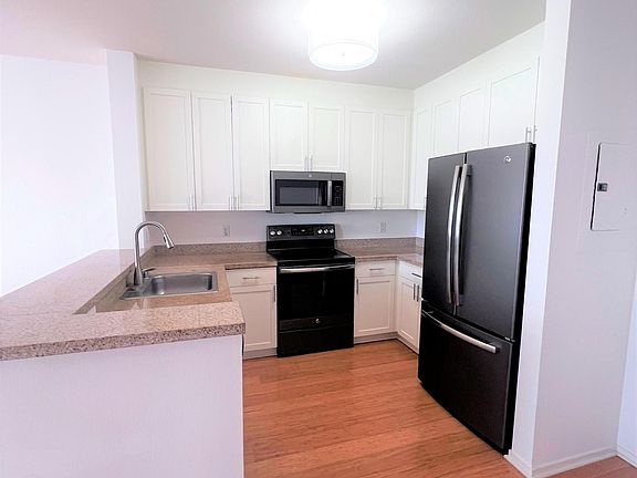 Kitchen with stove, microwave, fridge, dishwasher, gargage disposal and pull down sink faucet