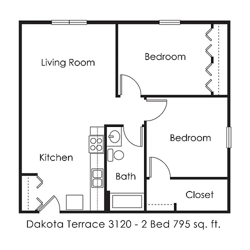 Floor plan 2 Bed 1 Bath | 795 sqft