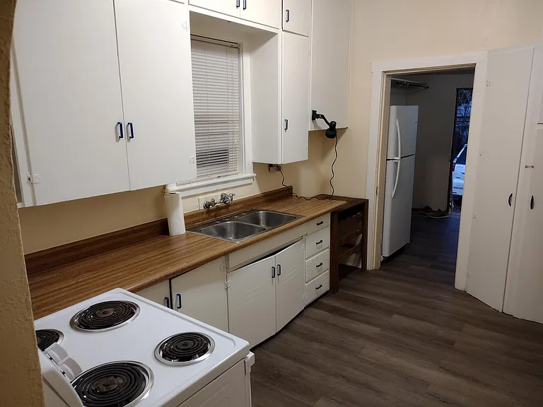 Kitchen seen from Dining Room (back door is open)