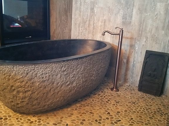 Master bath and fireplace.