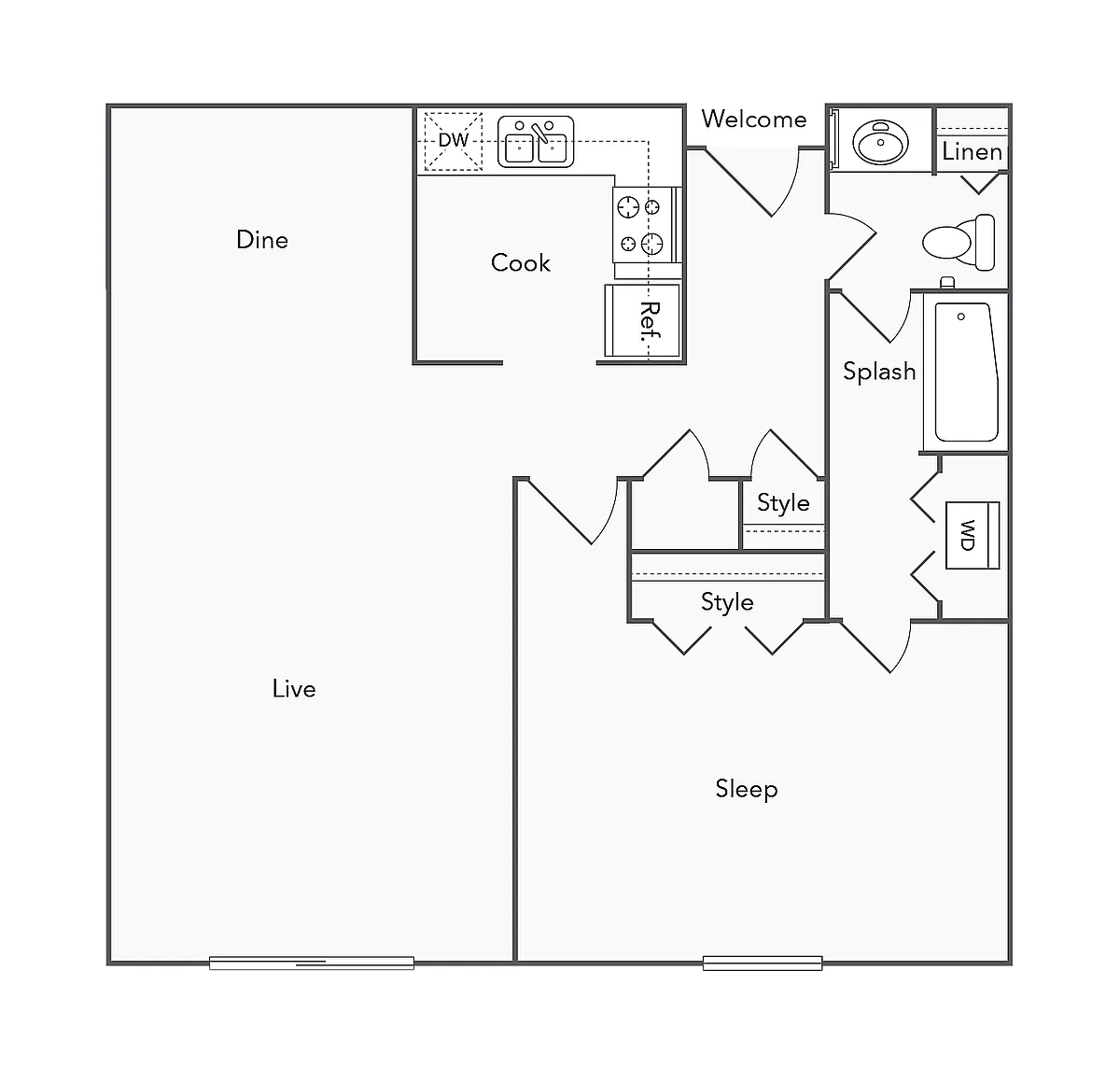 Floor plan 1 Bed 1 Bath with Washer Dryer