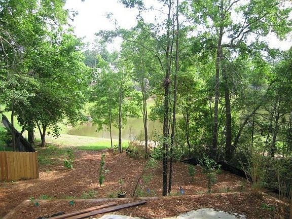 View from deck through the trees at the small lake