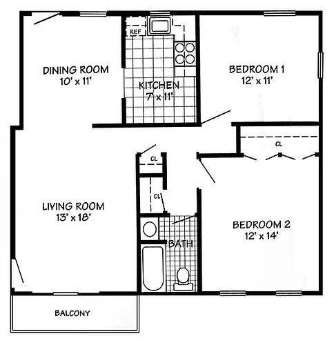 Floor plan Two Bedroom One Bath