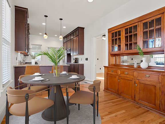 Dining area, built in cabinets and open floorplan