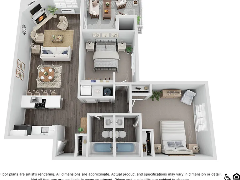 Charming 3D floor plan featuring 2 bedrooms, cozy living room with a fireplace, elegant dining area, modern kitchen, and a private balcony. Charming 3D floor plan featuring 2 bedrooms, cozy living room with a fireplace, elegant dining area, modern kitchen