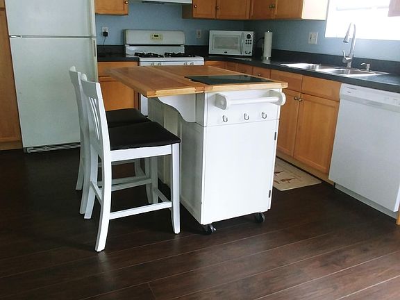 Moveable island, fridge, stove/oven, microwave, dishwasher.