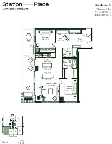 Floor plan 1808-2 Bedroom + Den (Over 1100 sq.ft.) (The Jane)
