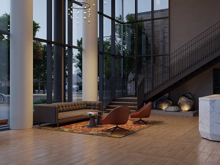 Enter a stunning, modern lobby with expansive design and stylish details, creating an impressive first impression.