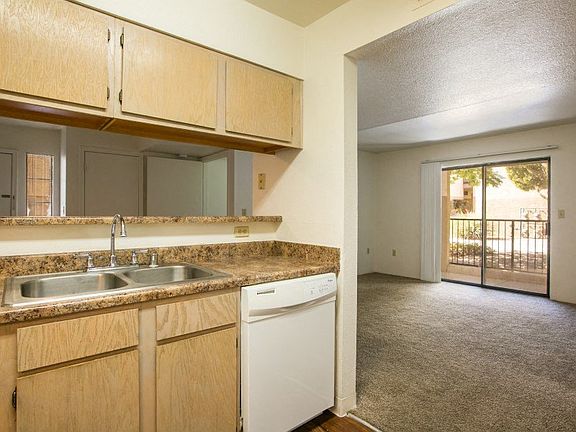 Kitchen with a dishwasher and plenty of counter space open to the living room area