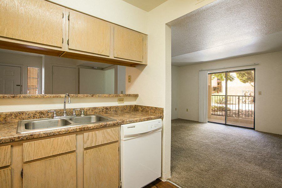 Kitchen with a dishwasher and plenty of counter space open to the living room area